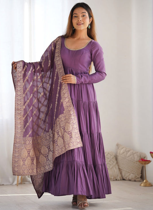 Salwar Suit Plain Purple Chanderi Silk T5398