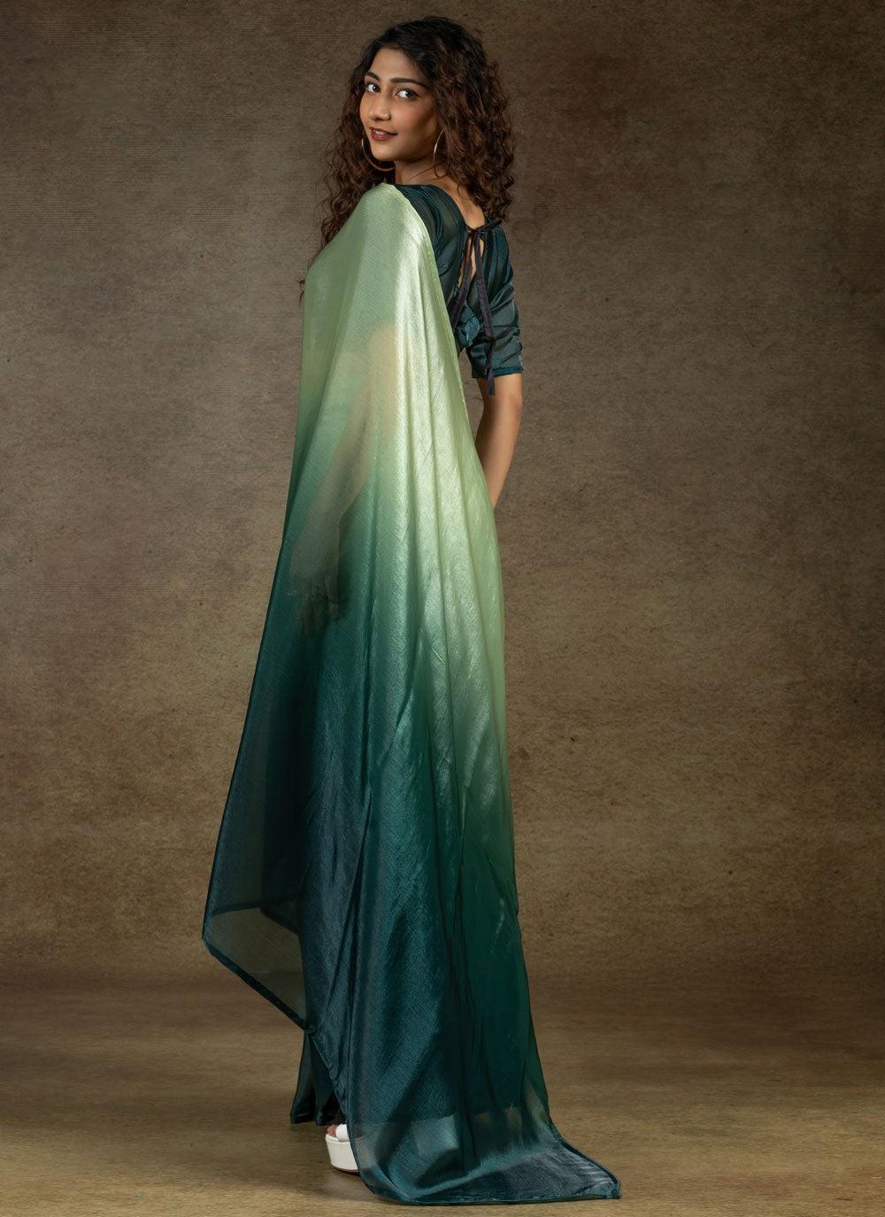 Plain Satin Silk Green Shaded Saree S15442