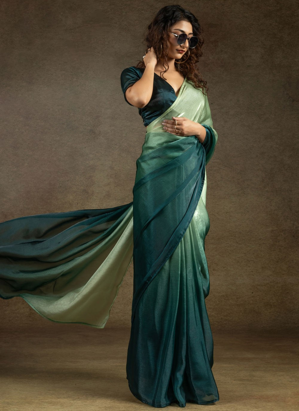 Plain Satin Silk Green Shaded Saree S15442