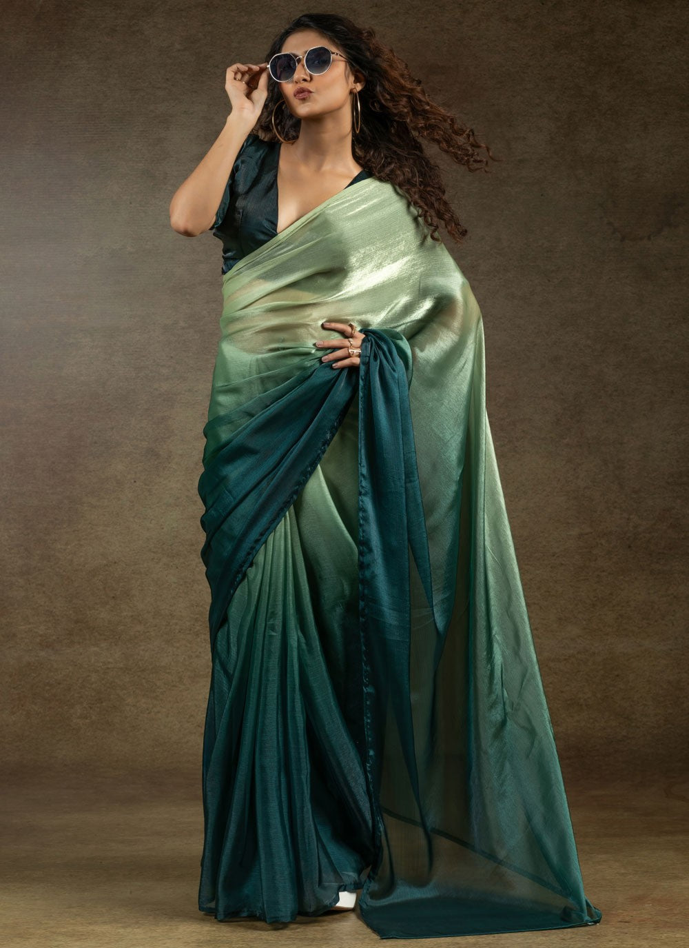 Plain Satin Silk Green Shaded Saree S15442