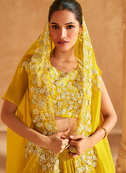 Plain Chinon, Silk Yellow Lehenga - L3317
