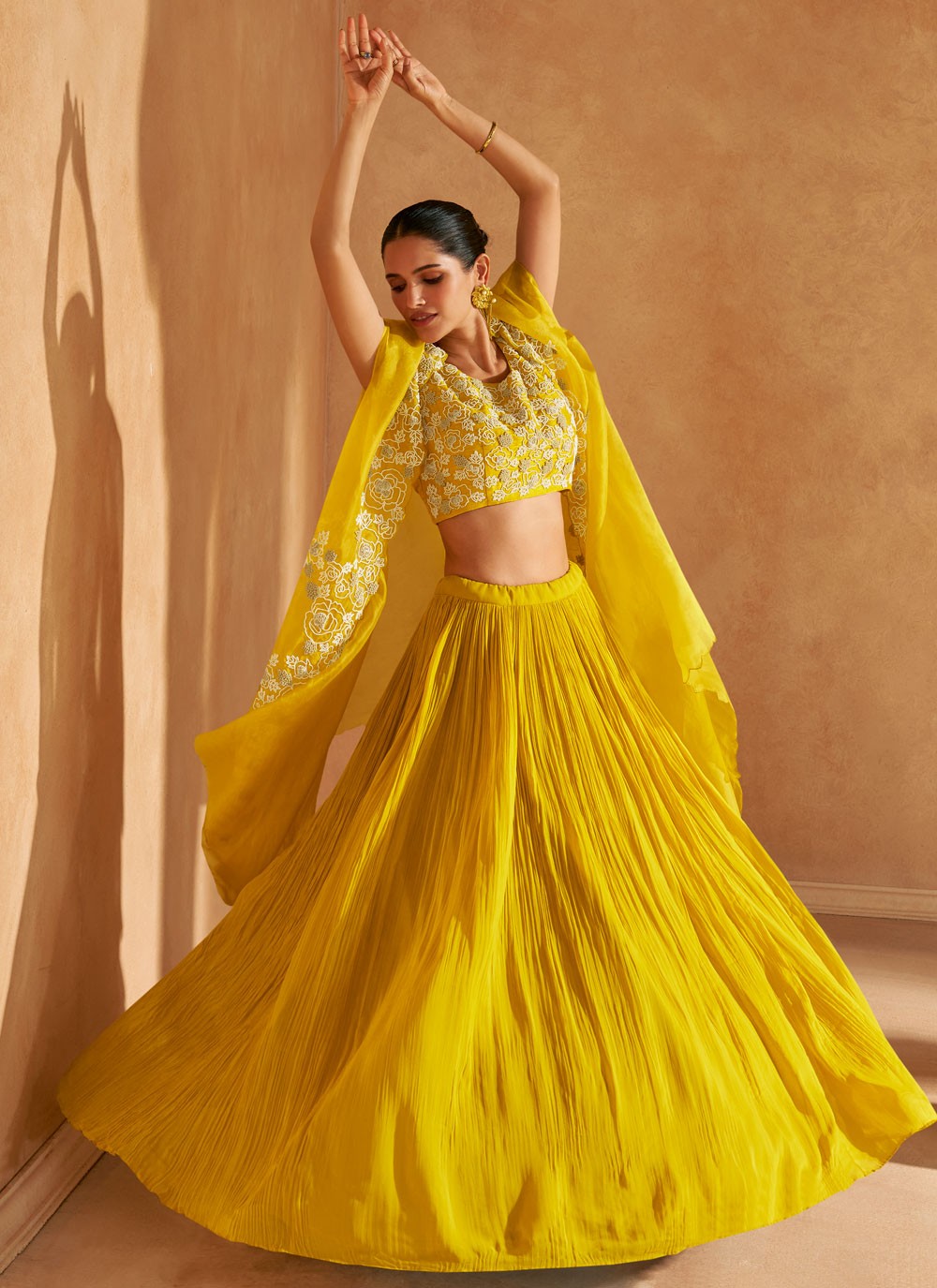Plain Chinon, Silk Yellow Lehenga - L3317