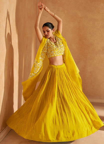 Plain Chinon, Silk Yellow Lehenga - L3317