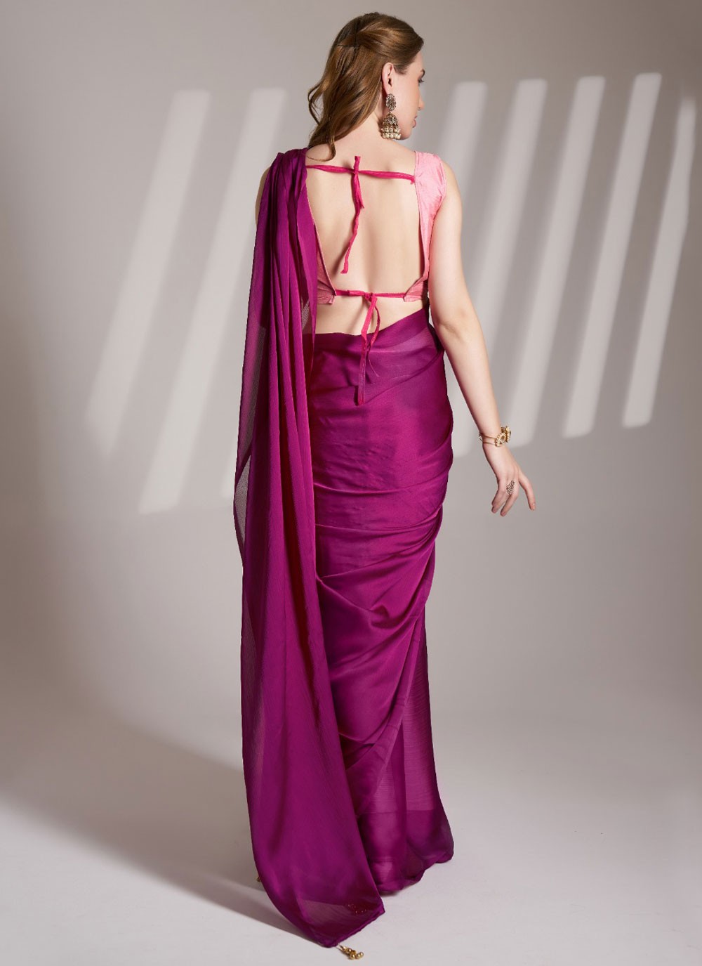 Traditional Plain Magenta, Purple Chiffon Saree S13719