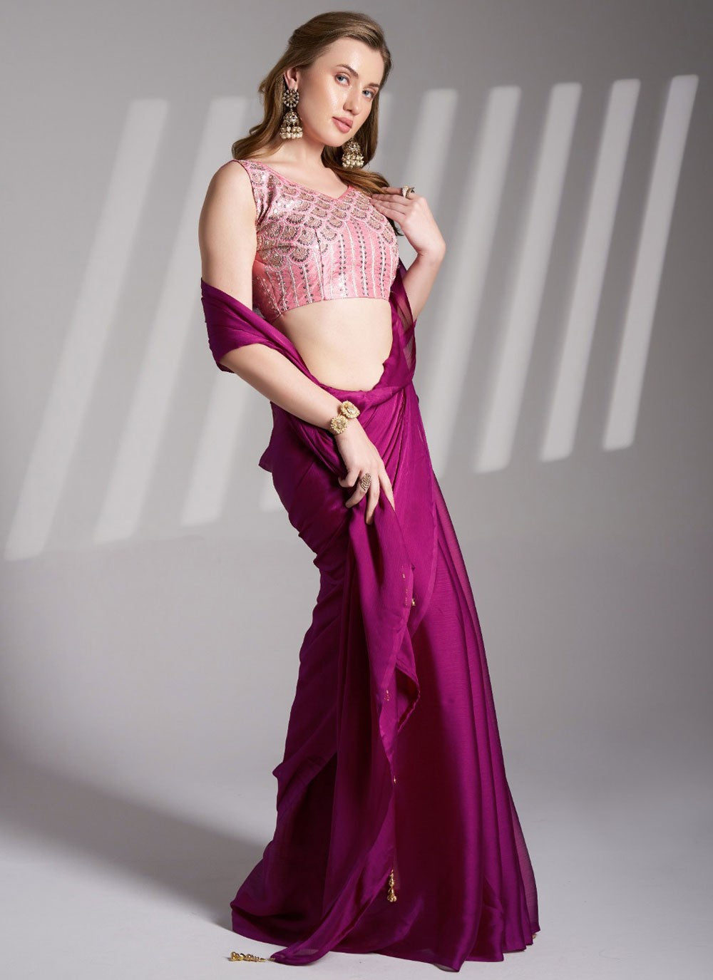 Traditional Plain Magenta, Purple Chiffon Saree S13719