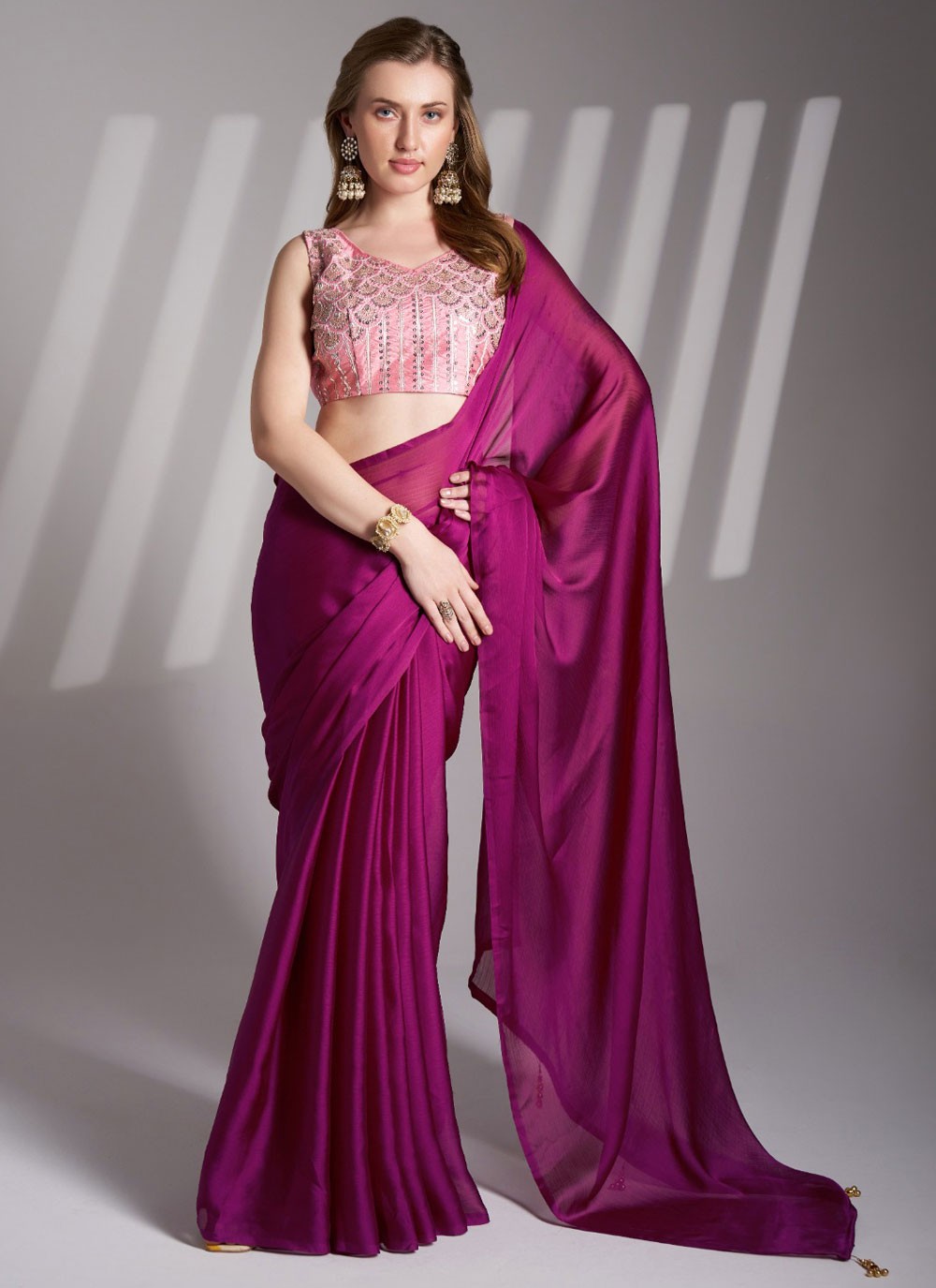 Traditional Plain Magenta, Purple Chiffon Saree S13719