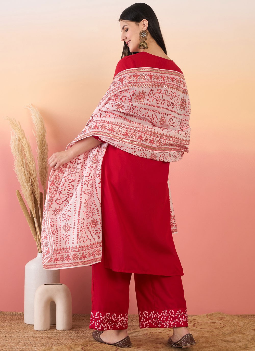 Salwar Suit Embroidered Hot Pink, Red Poly Rayon T5637