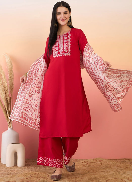 Salwar Suit Embroidered Hot Pink, Red Poly Rayon T5637