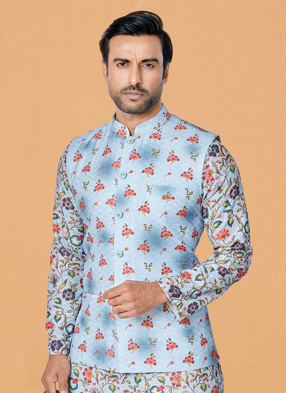 Printed Polyester Aqua Blue Nehru Jackets - M7427