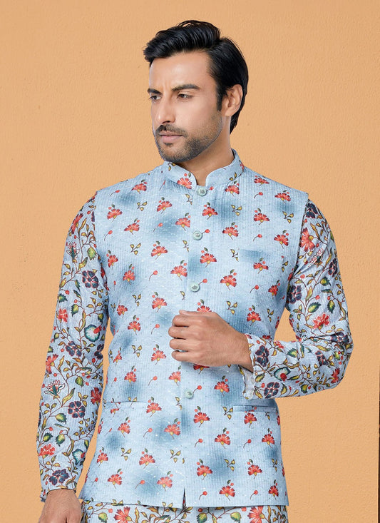 Printed Polyester Aqua Blue Nehru Jackets - M7427