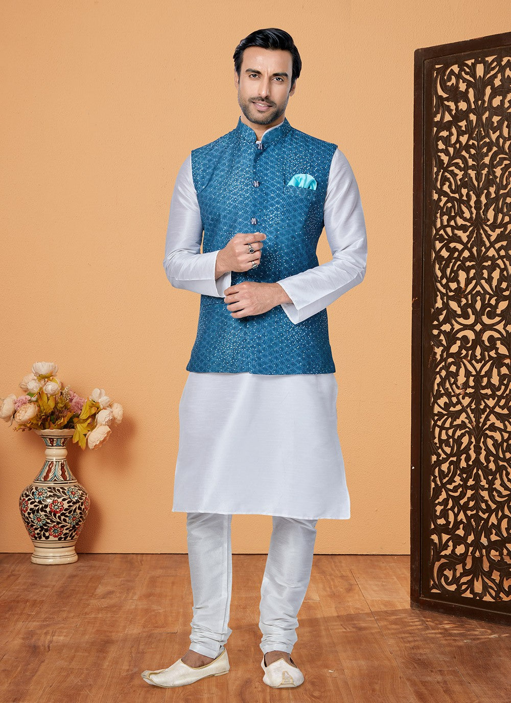 Embroidered Banarasi Silk, Polyester Blue, Off White Kurta Payjama With Jacket - M5549