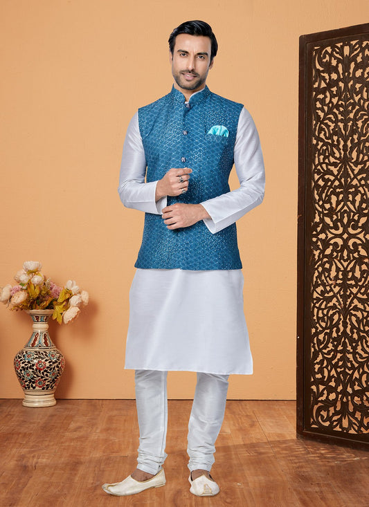 Embroidered Banarasi Silk, Polyester Blue, Off White Kurta Payjama With Jacket - M5549