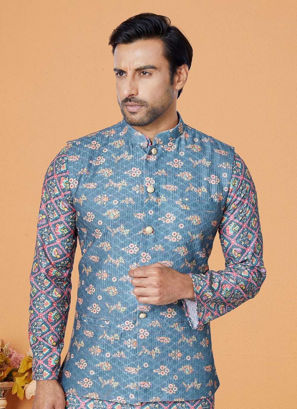 Printed Polyester Blue Nehru Jackets - M7431