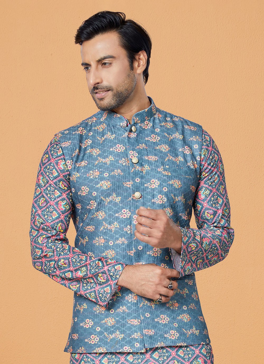 Printed Polyester Blue Nehru Jackets - M7431