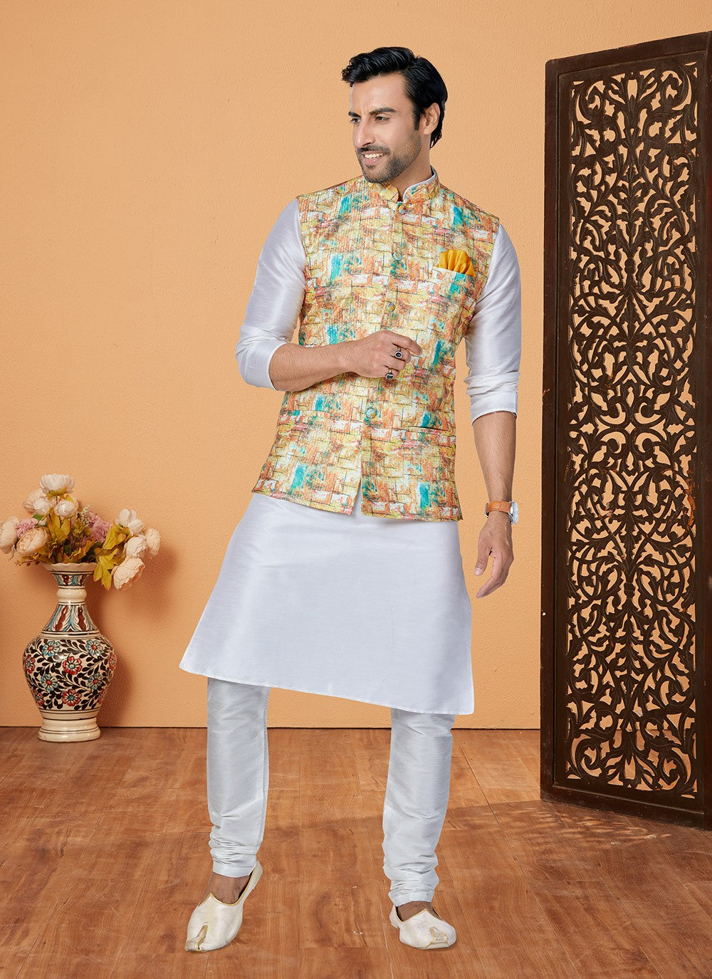 Embroidered Banarasi Silk, Polyester Multi Colour, Off White Kurta Payjama With Jacket - M5548