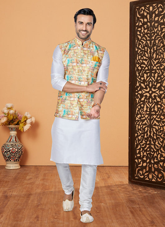 Embroidered Banarasi Silk, Polyester Multi Colour, Off White Kurta Payjama With Jacket - M5548