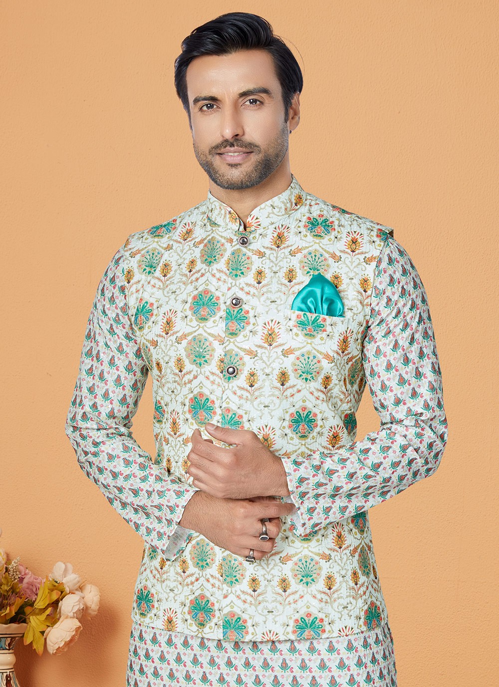 Embroidered Polyester Multi Colour, Off White Kurta Payjama With Jacket - M5554