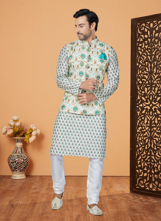 Embroidered Polyester Multi Colour, Off White Kurta Payjama With Jacket - M5554