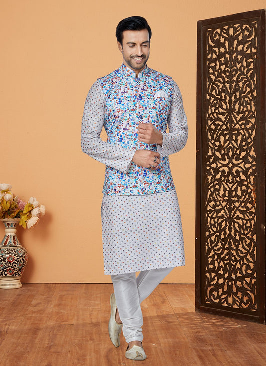 Embroidered Polyester Multi Colour, Off White Kurta Payjama With Jacket - M5555
