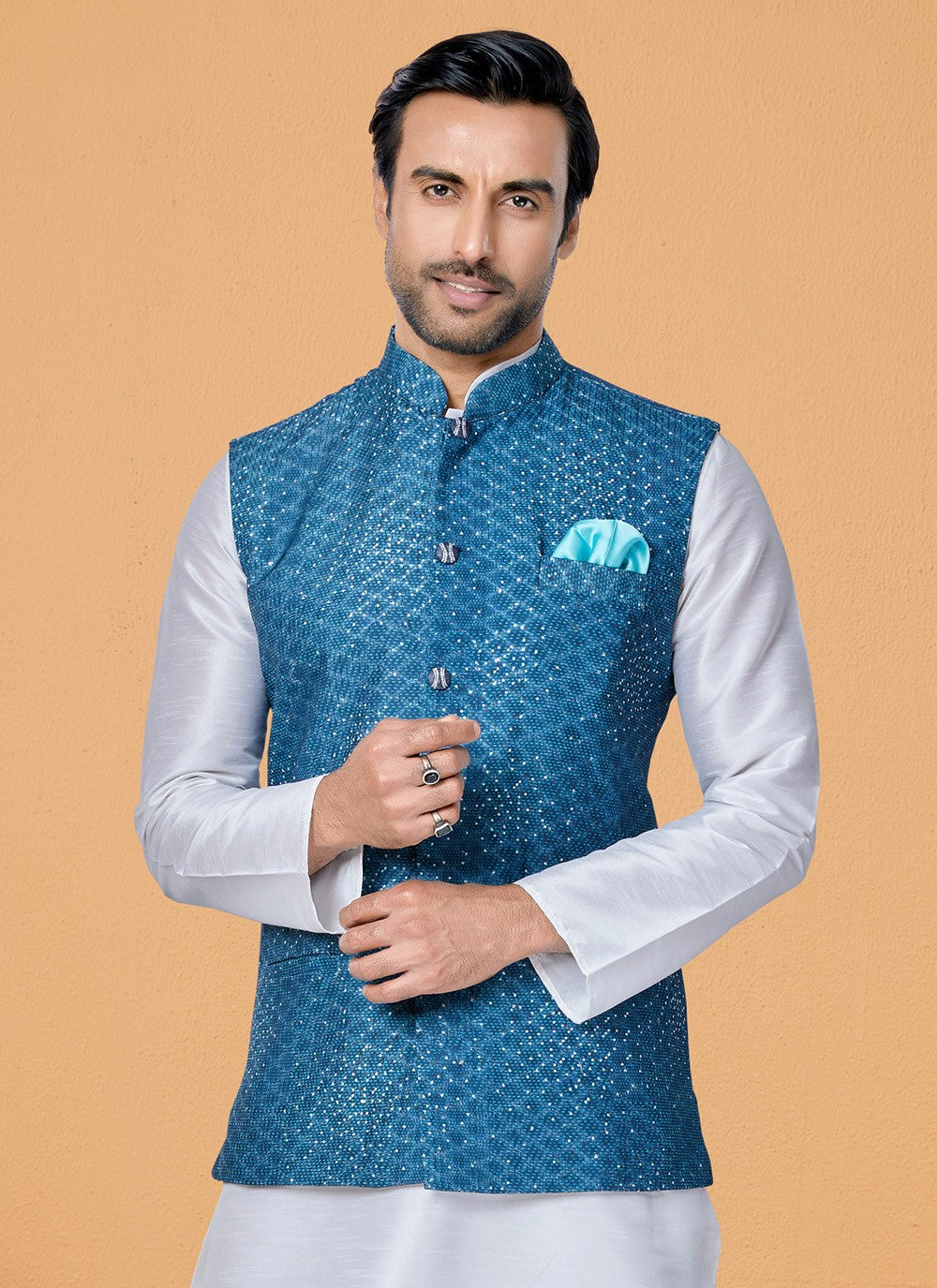 Embroidered Polyester Blue Nehru Jackets - M7424
