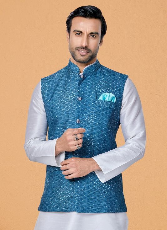 Embroidered Polyester Blue Nehru Jackets - M7424