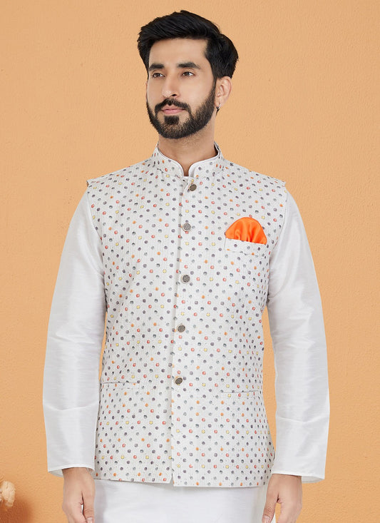 Embroidered Polyester White Nehru Jackets - M7412