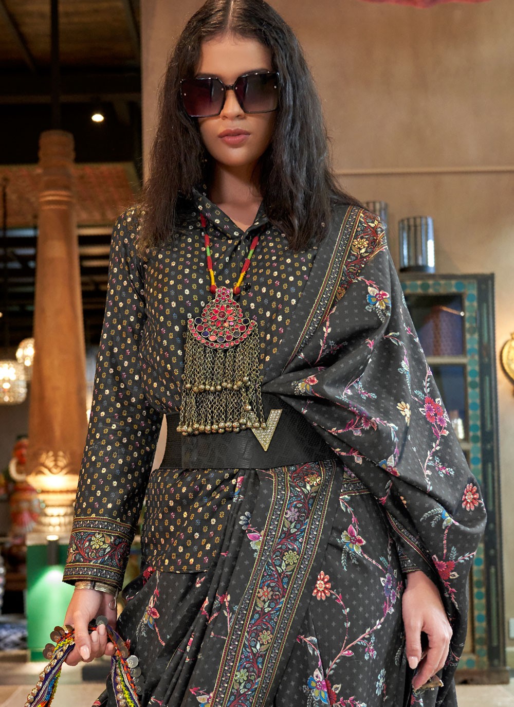 Black Silk Saree Printed S20284