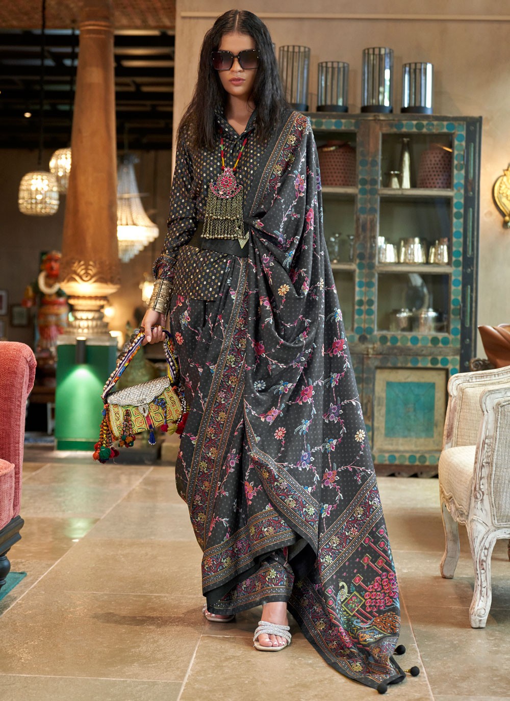 Black Silk Saree Printed S20284