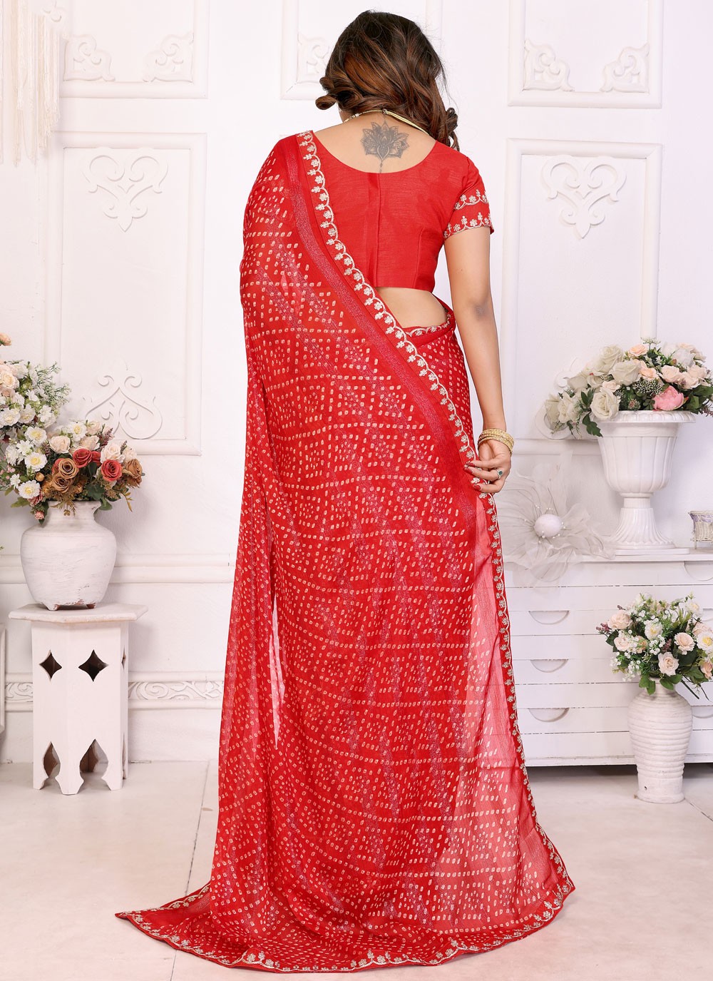 Bandhej Chiffon Red Classic Saree S14949