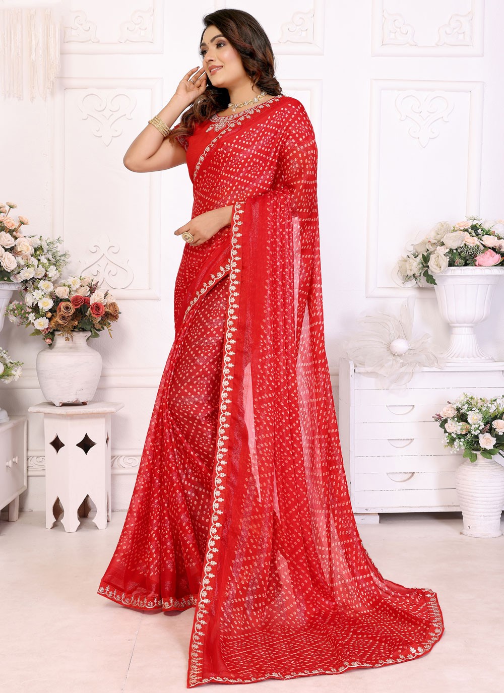 Bandhej Chiffon Red Classic Saree S14949