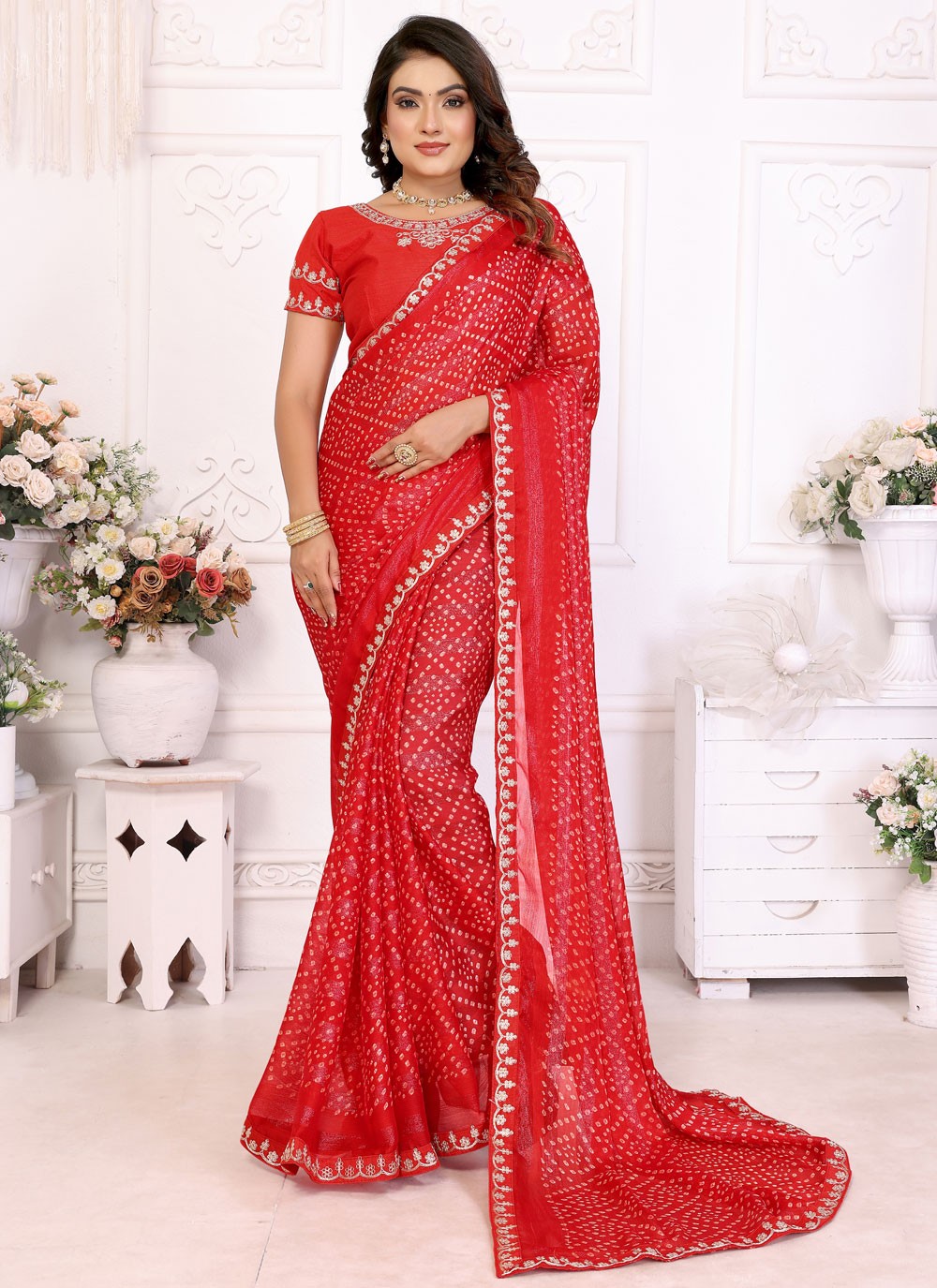 Bandhej Chiffon Red Classic Saree S14949