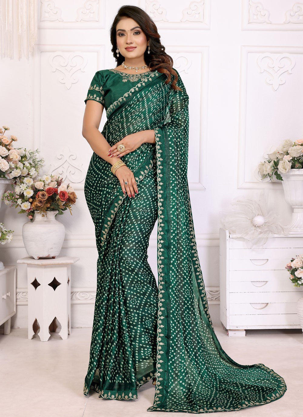 Bandhej Chiffon Green Contemporary Saree S14950