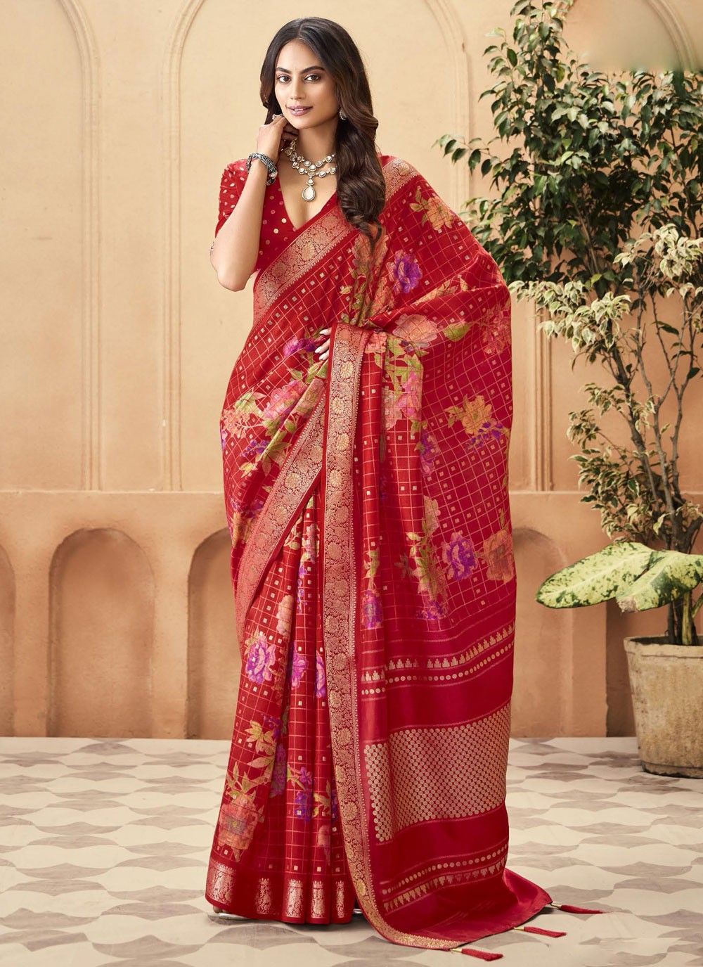 Red Silk Classic Saree Printed, Weaving Zari S16290