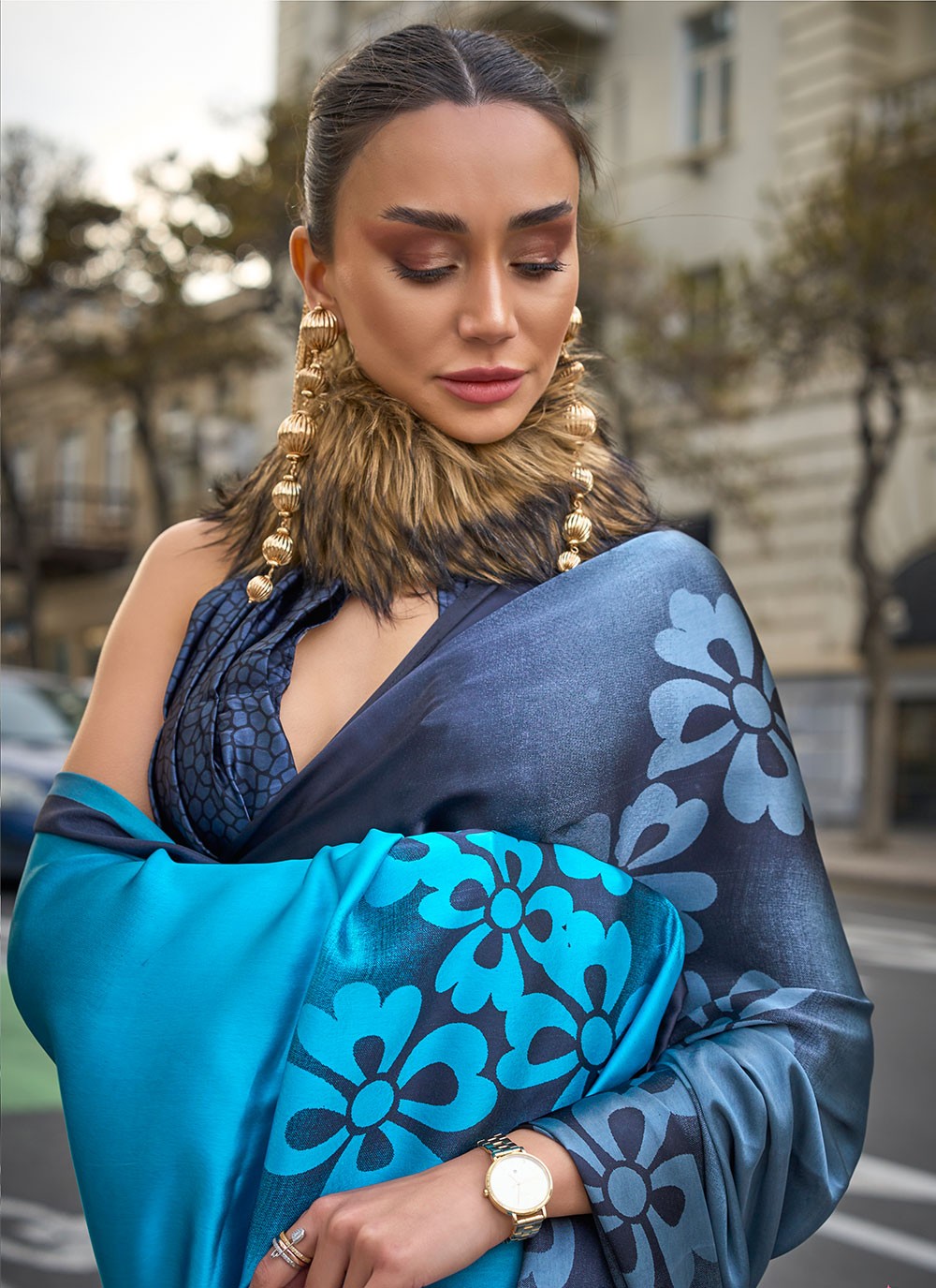 Classic Printed Faux Crepe, Satin Saree - S6040