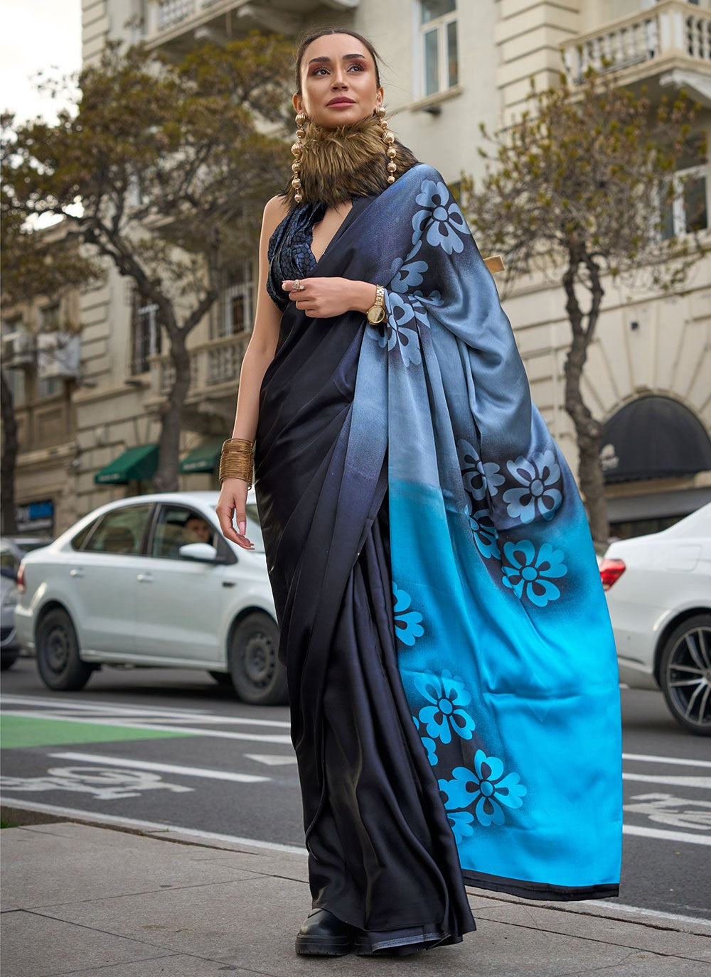 Classic Printed Faux Crepe, Satin Saree - S6040