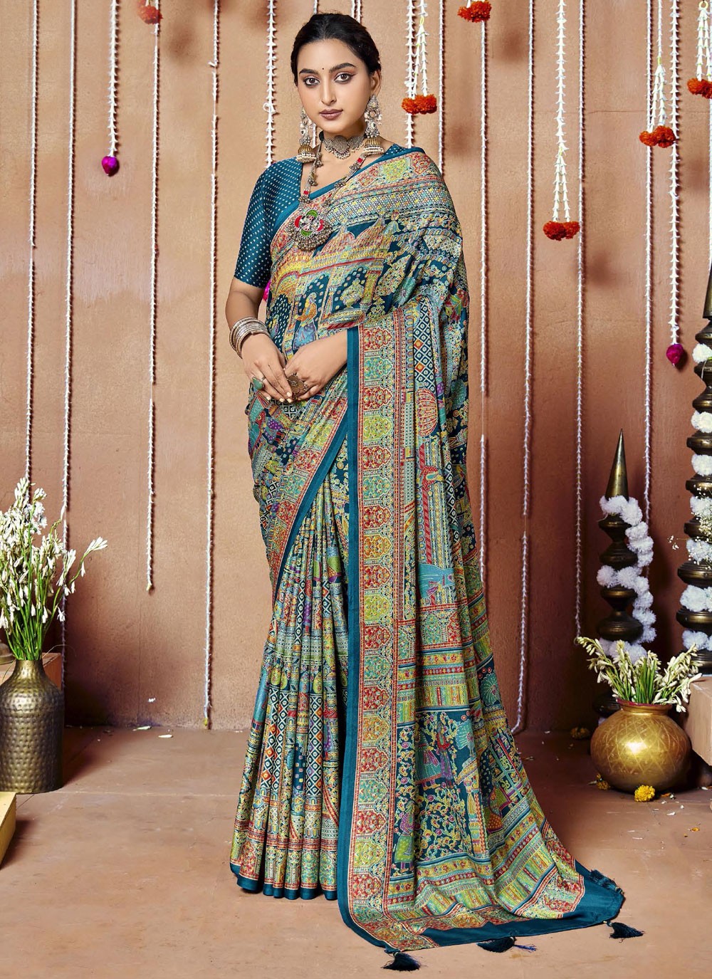 Multi Colour Faux Crepe Trendy Saree Printed S20458
