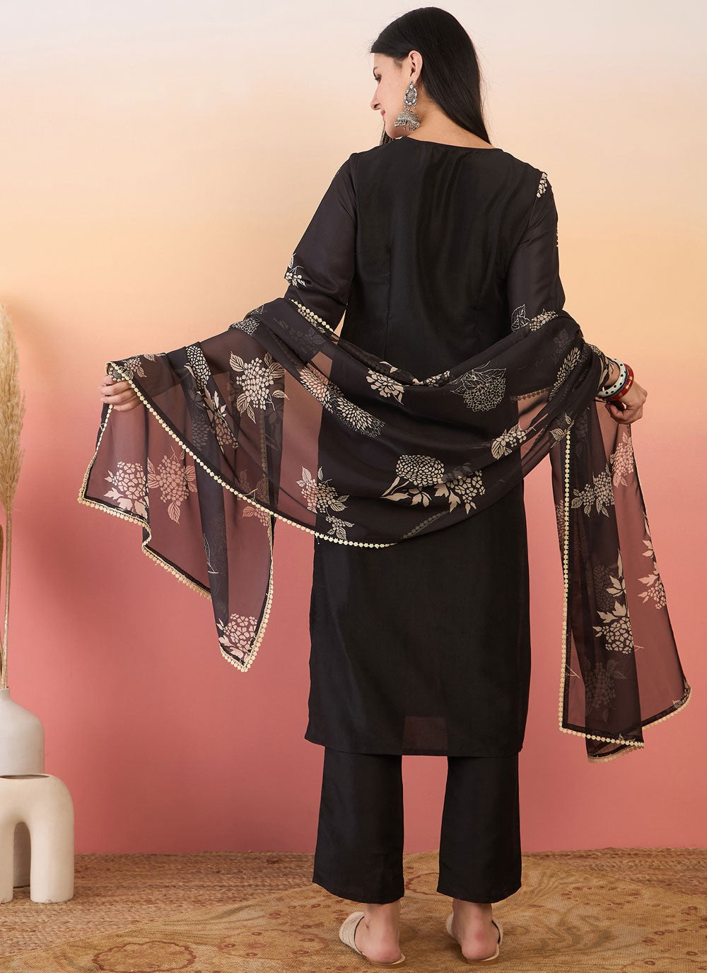 Pant Style Suit Printed Black Chinon T5836