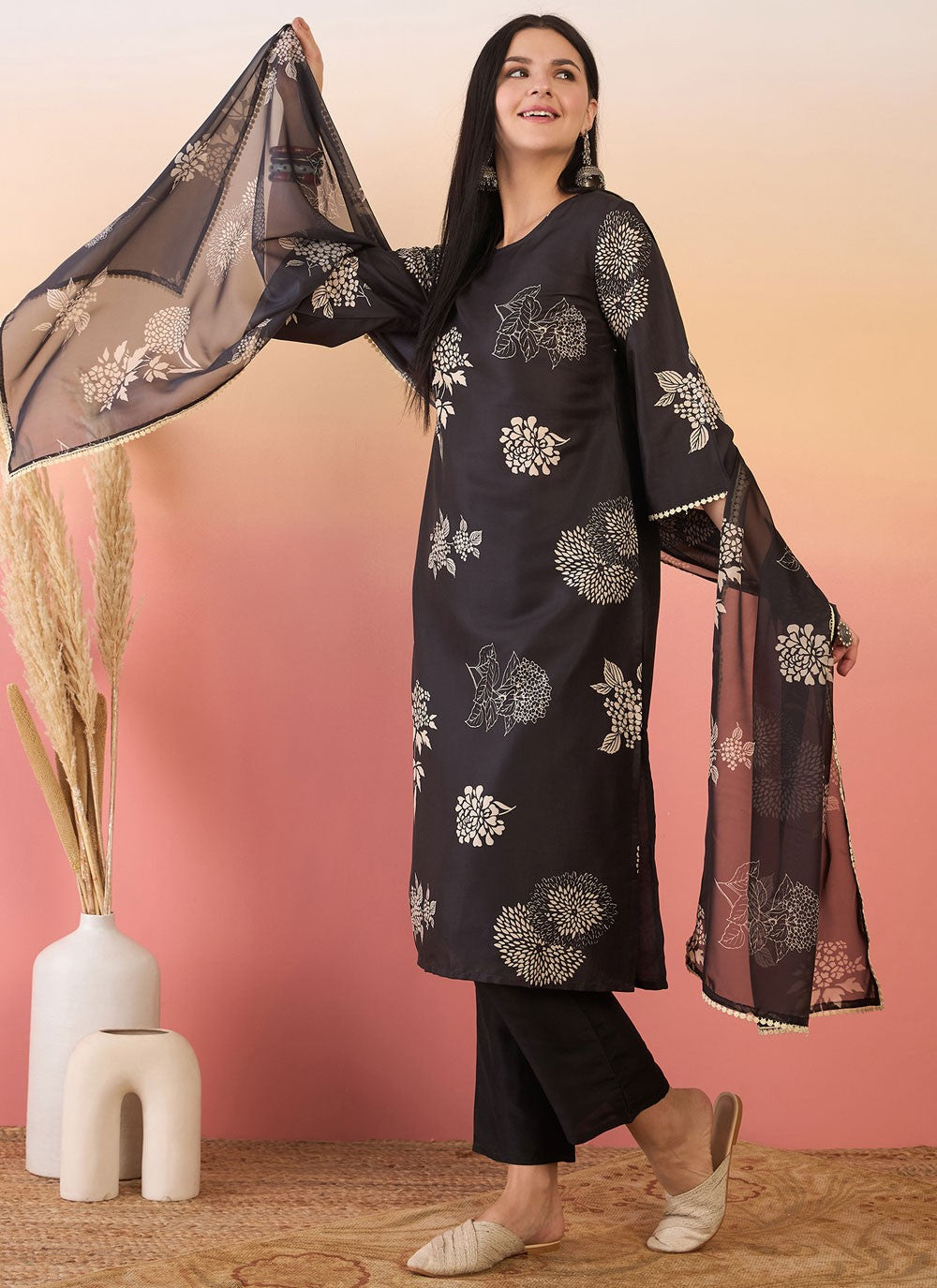 Pant Style Suit Printed Black Chinon T5836