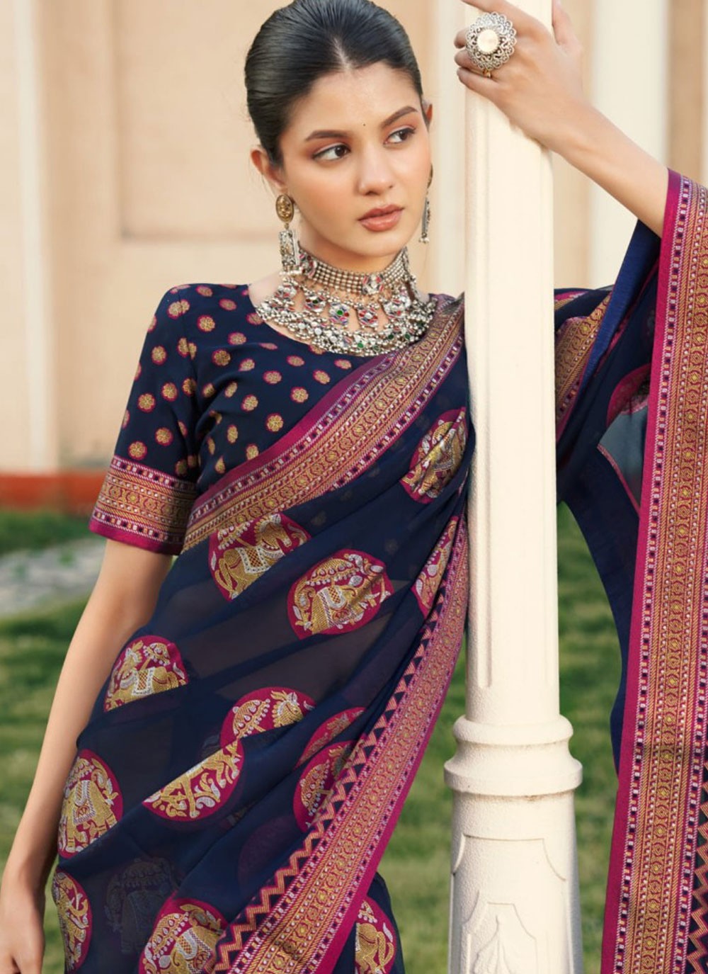 Classic Saree Printed Navy Blue Georgette Saree S13664