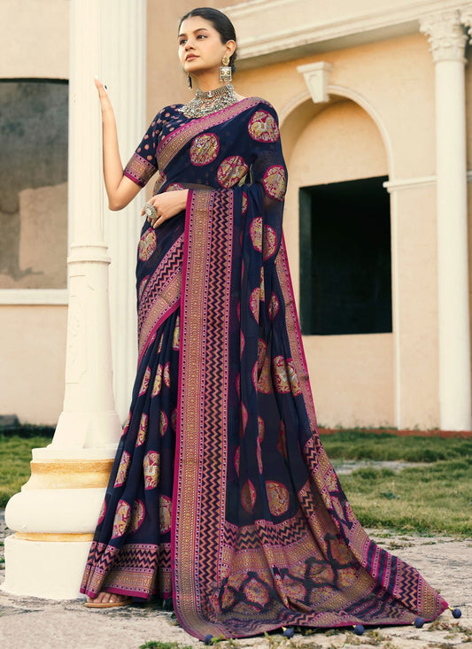 Classic Saree Printed Navy Blue Georgette Saree S13664