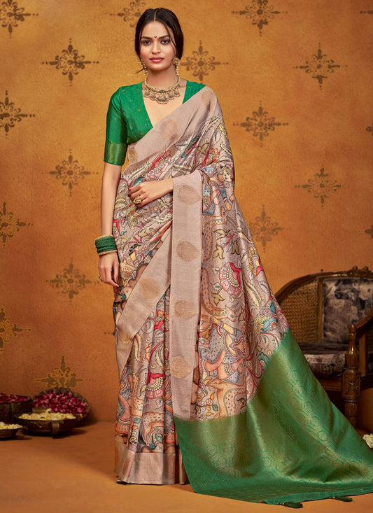 Green Silk Contemporary Saree Printed, Weaving Zari S18656