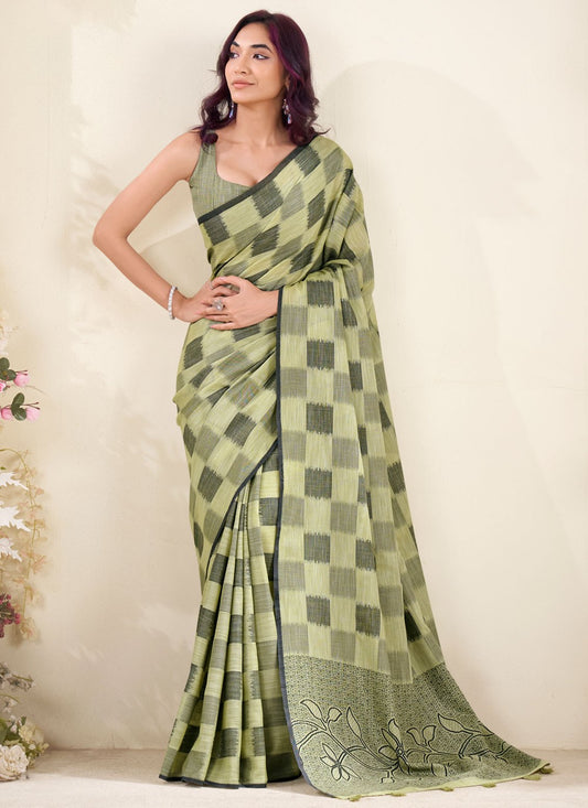 Green Linen Trendy Saree Checks, Printed S18839