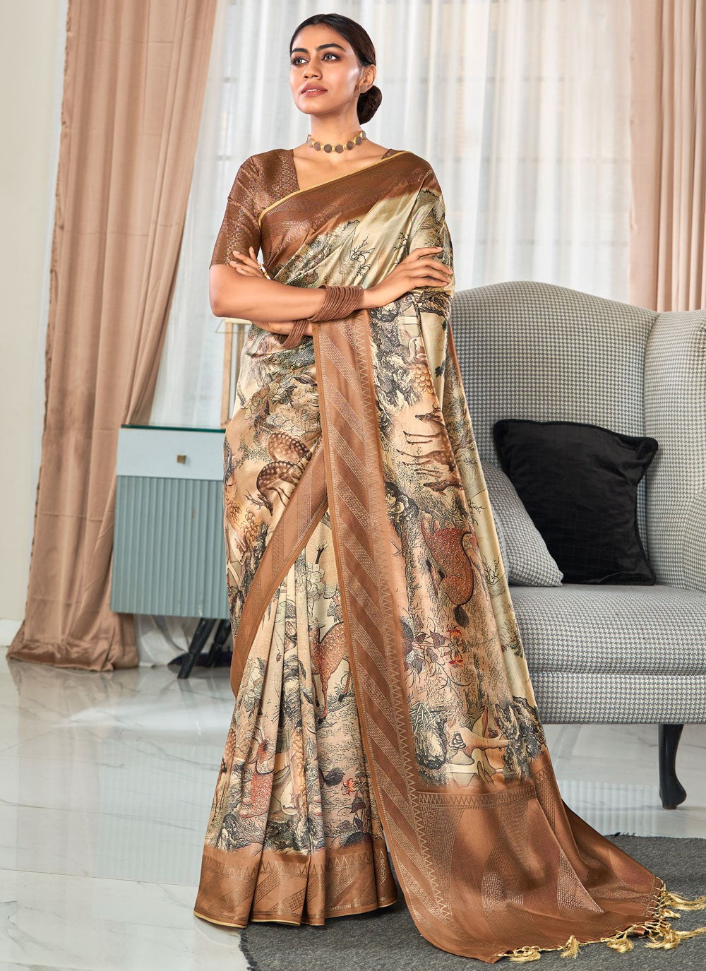 Printed Handloom Silk Brown Saree S14240
