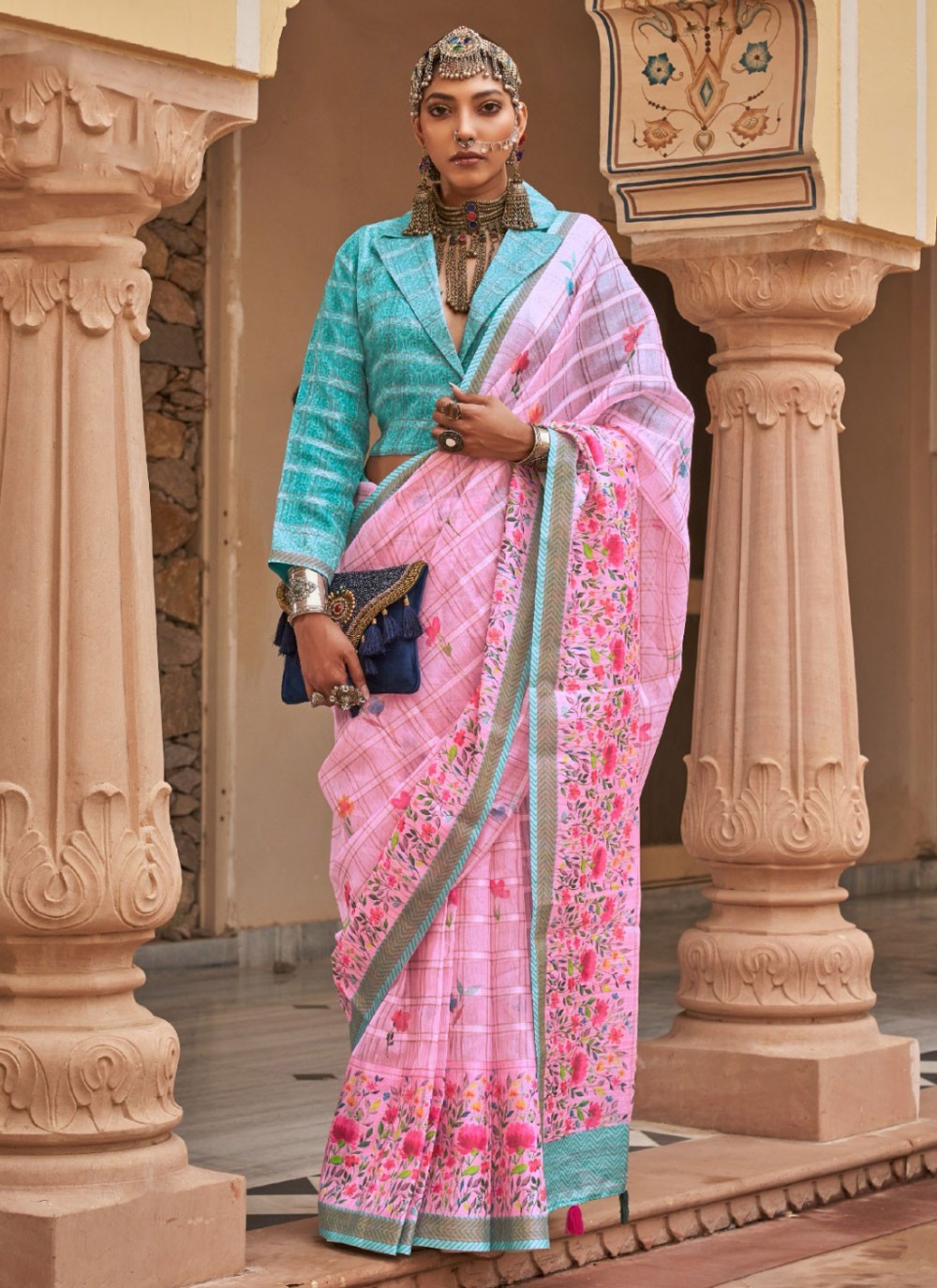Trendy Floral Printed Linen Saree - S4987