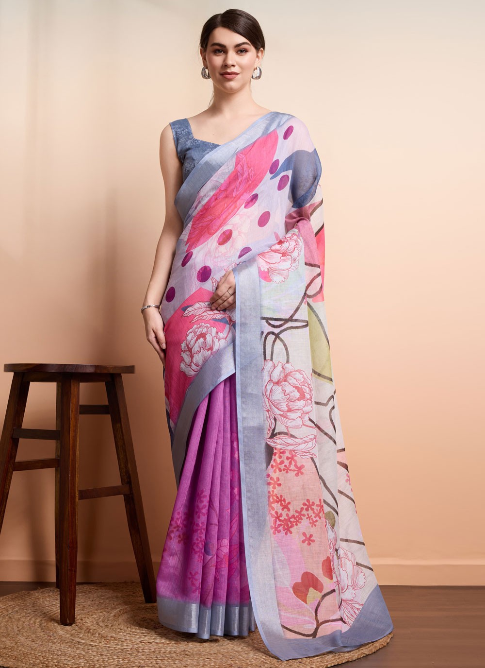 Printed Linen Saree - S12062