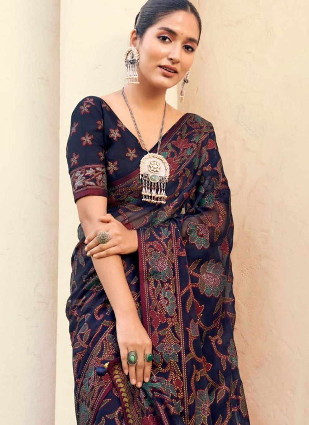 Designer Printed Navy Blue Georgette Saree S13666