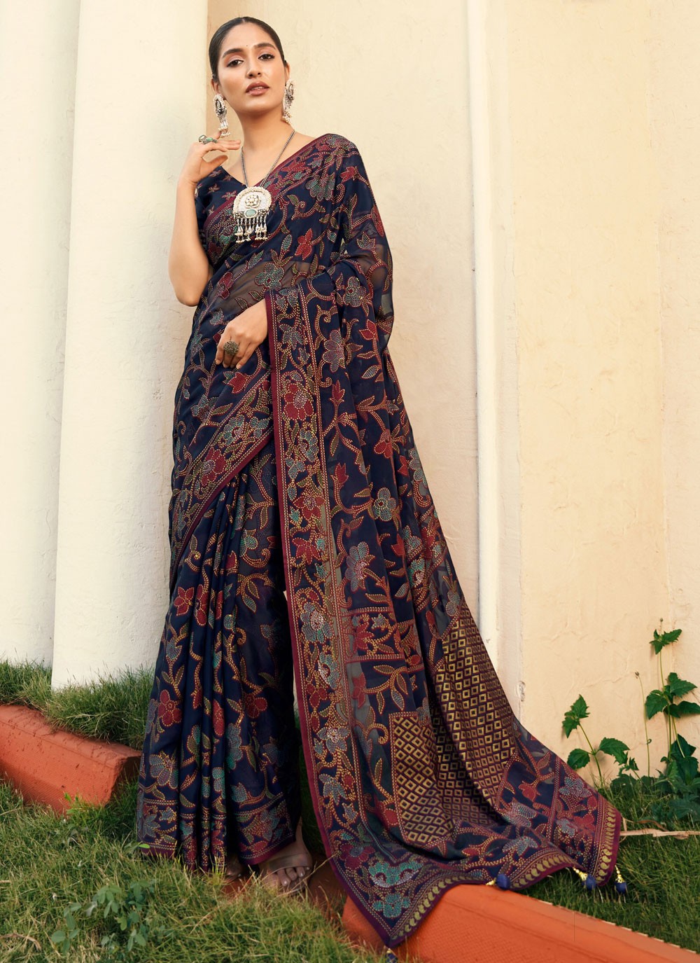 Designer Printed Navy Blue Georgette Saree S13666