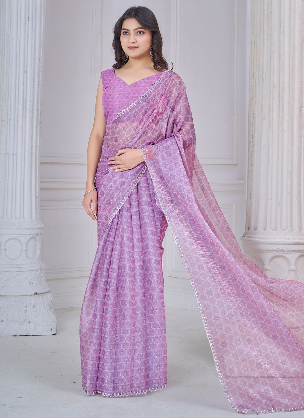 Cut Work Organza Lavender Designer Saree S15148
