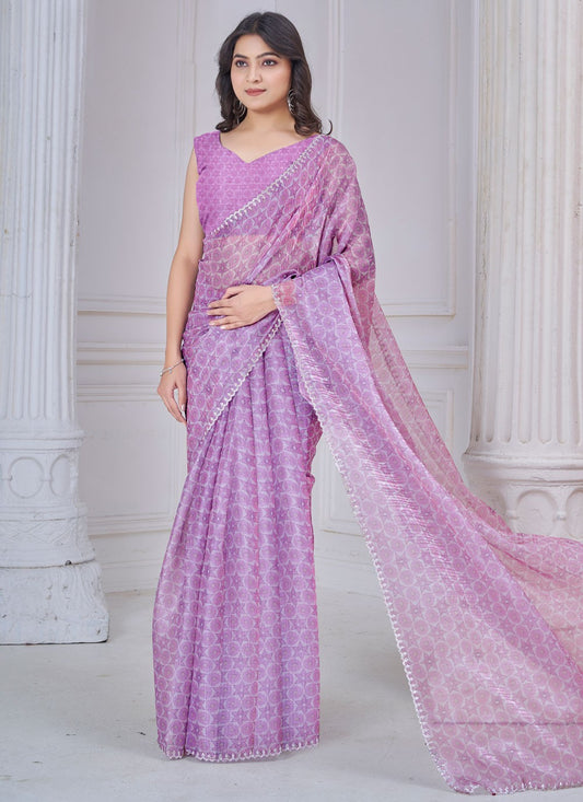 Cut Work Organza Lavender Designer Saree S15148