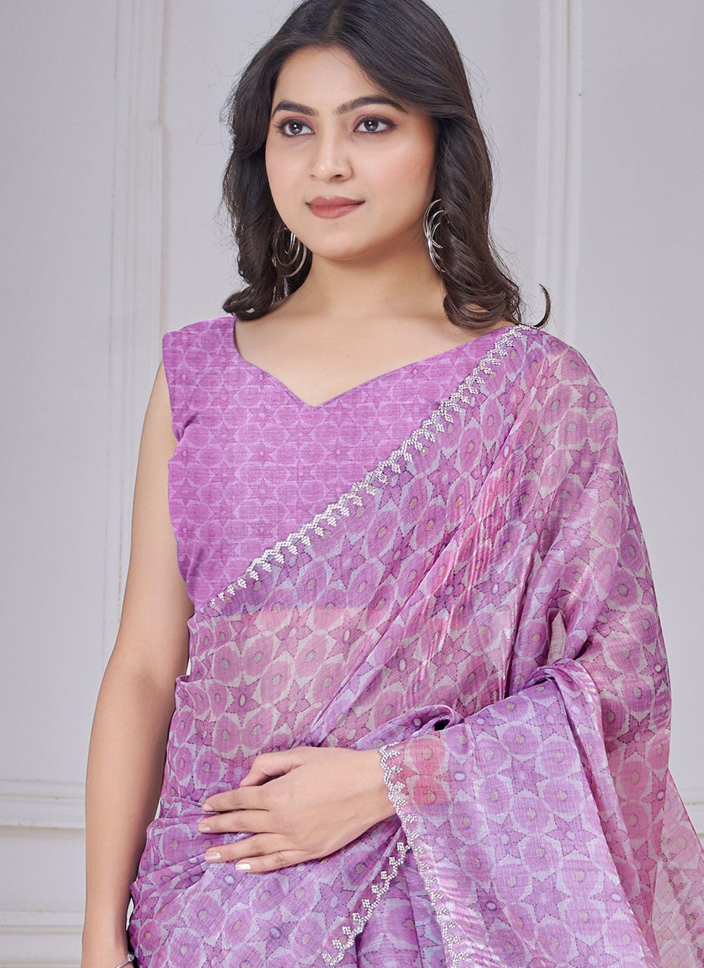Cut Work Organza Lavender Designer Saree S15148